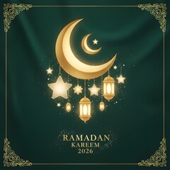 Ramadan Kareem 2026 Golden Crescent & Lantern Cluster