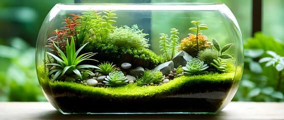 A glass terrarium miniature plants moss succulents pebbles indoor garden layered soil soft light miniature ecosystem