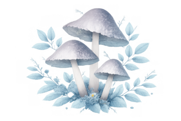 Fantasy blue mushrooms growing with light blue leaves and tiny flowers, watercolor botanical element, transparent background