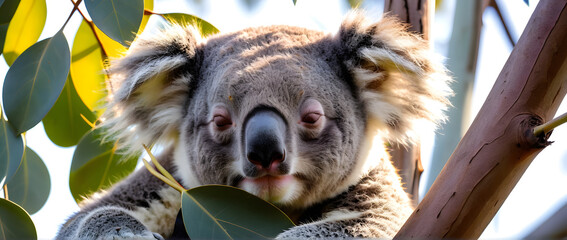 Sleeping koala eucalyptus tree peaceful expression soft fur textures warm australian