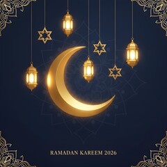 Ramadan Kareem 2026 Crescent Moon and Lantern Glow Background