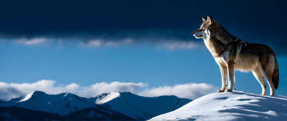 A lone wolf standing on snowy ridge gazing into distance cold dramatic lighting wild essence