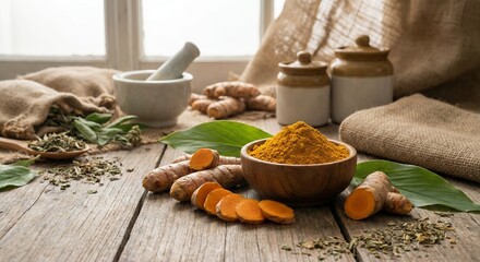 Fresh and powdered turmeric with other spices and traditional tools on a rustic wooden table.