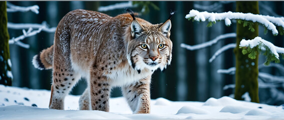 A lynx walking through snowy forest with piercing eyes frosty atmosphere mysterious presence