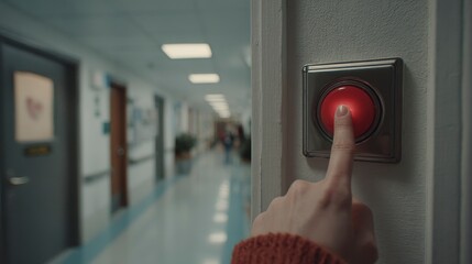 A close-up shows a finger pressing a large, illuminated red button on a wall. The background reveals a hallway with doors and people