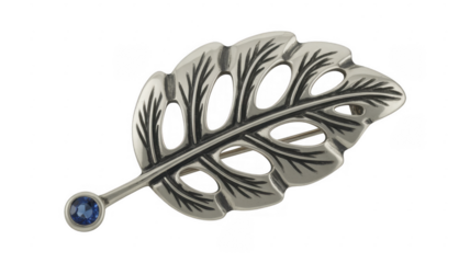 Silver leaf brooch with blue gemstone isolated on a transparent background