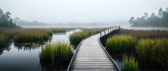 Boardwalk wetland misty moody tranquil wooden path marsh morning fog serene