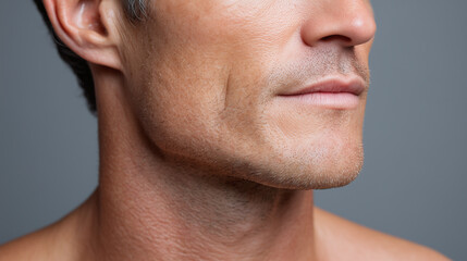 Obraz premium Close up of uneven skin texture along jawline of man showing natural facial hair and smooth skin with neutral expression on gray background