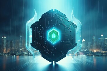 Obraz premium Digital shield protecting a modern glowing city, representing data security and internet protection