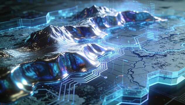 Futuristic digital landscape mountains with glowing circuit board data visualization digital landscape.