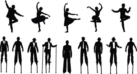 Set of black silhouettes featuring elegant dancers in motion, performers on tall stilts, circus entertainers, and formal men in suits on isolated white background, © Abida