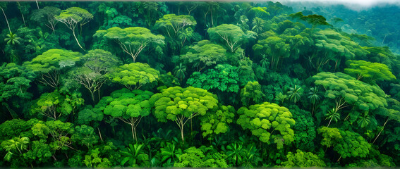 Lush green rainforest canopy aerial view showing layered tropical trees, dense foliage, misty background, vibrant biodiversity, serene atmosphere
