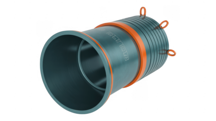 Teal pipe connector with orange rings and loops metal loops isolated on a transparent background