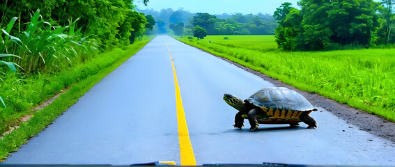 A turtle slowly crossing rural road with cautious driver stopping to help gentle scene nature