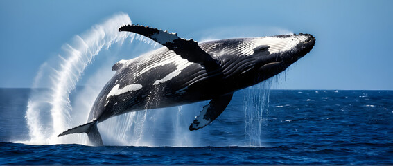 Humpback whale breaching ocean surface powerful water spray dramatic deep blue majestic marine mammal