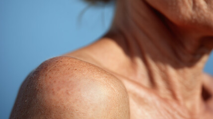 Fototapeta premium Close up of shoulder skin texture showing subtle pores and sunlit surface with natural wrinkles and aged skin against clear blue background creating warm and detailed view