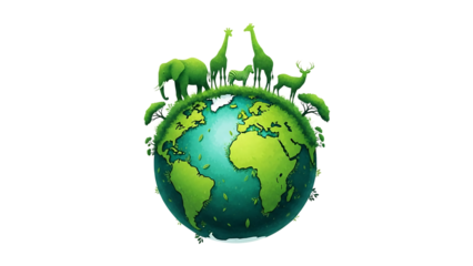 Green earth globe with various animals on top in a natural scene isolated on transparent background