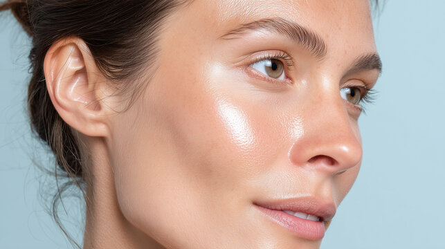 Dewy reflective cheekbone with natural pore detail on smooth skin, close up of female face showing healthy glowing complexion and subtle makeup on light background