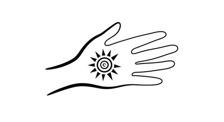 Obraz premium Spiritual line art illustration of a human hand with a radiant sun or eye symbol placed in the center of the palm.