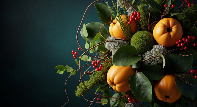 Close-up of quinces nestled in green leaves, red berries, and moss, against a dark teal background.  Showcase of autumnal abundance, representing harvest and natural beauty. Free space for text - Powered by Adobe
