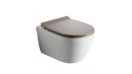 White toilet with raised beige toilet seat isolated on a transparent background