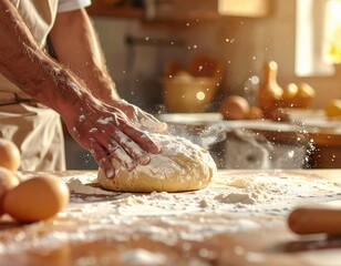 Skilled Hands Kneading Dough on a Sunlit Wooden Table with Flour Dusting and Eggs Nearby