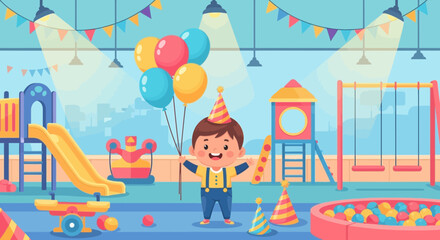 Obraz premium Joyful Boy Celebrates Birthday with Balloons and Party Hat in Playroom.