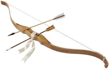 Obraz premium Wooden bow and arrows with white ribbon isolated on a transparent background