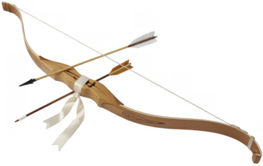 Wooden bow and arrows with white ribbon isolated on a transparent background