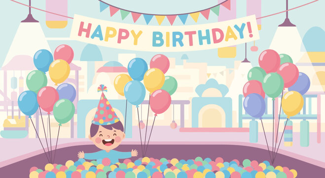 Joyful Boy Celebrating Birthday in Ball Pit with Balloons.