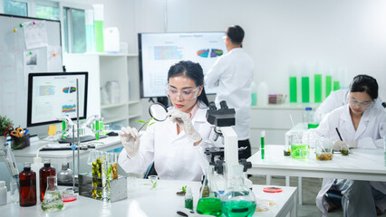 Research team analyzing plant samples in a modern laboratory, focusing on plant biology, sustainability science, environmental research, teamwork, and innovative eco-friendly for a sustainable future.