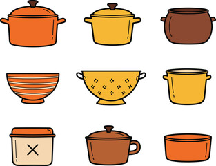 Cute Kitchen Cookware and Bowl Icon Set Hand Drawn Cartoon Vector Illustration for Cooking, Home, and Food Design