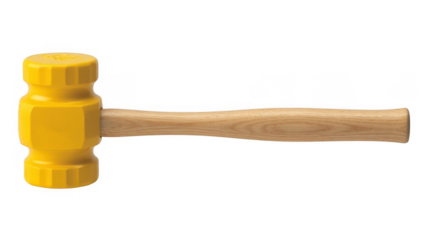 Yellow plastic mallet with textured head and wooden handle isolated on a transparent background