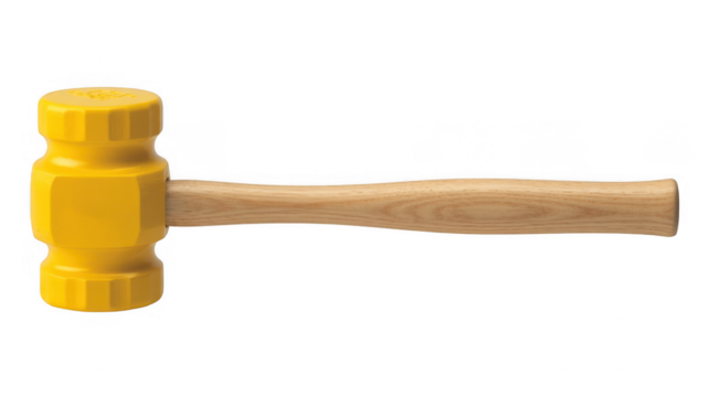 Yellow plastic mallet with textured head and wooden handle isolated on a transparent background - Powered by Adobe