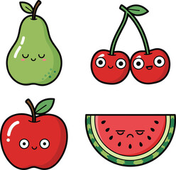Cute Fruit Cartoon Icon Set with Pear Cherries Apple and Watermelon Flat Vector Illustration for Children and Food Design
