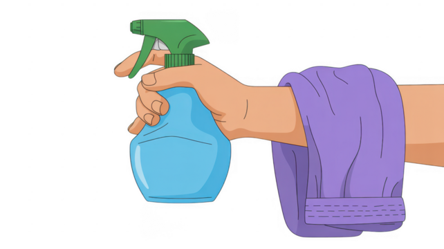 Hand holding blue spray bottle with green nozzle isolated on a transparent background - Powered by Adobe