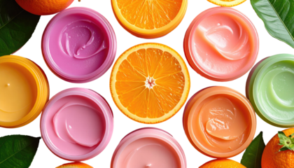 Overhead shot featuring cosmetic creams in colorful jars, interspersed with orange slices and green foliage on a black background