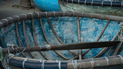  Traditional Vietnamese basket boats on sandy beach. High quality photo (coracle boats) Local fishing equipment and coastal lifestyle in Vietnam, Southeast Asia. No people, outdoor daytime scene. 