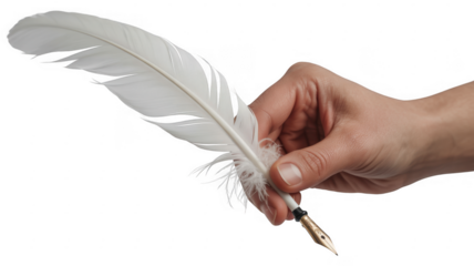 Hand holding white feather quill pen writing instrument isolated on a transparent background