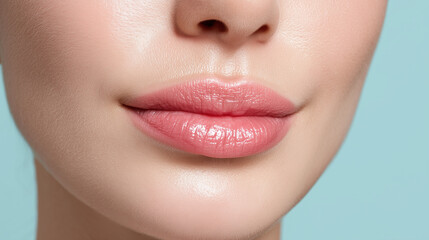 Naklejka premium Soft glossy lips with smooth cheek texture and natural skin tone close up, showing healthy and hydrated pink lips with subtle shine and delicate facial features
