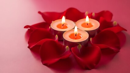 Romantic ambiance with lit candles and rose petals arranged in heart shape