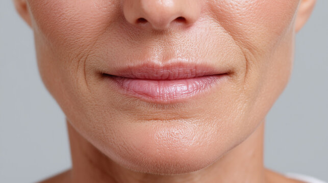 Close up of mildly irritated skin under lip area showing natural texture and fine lines with soft warm tone and subtle wrinkles on mature face