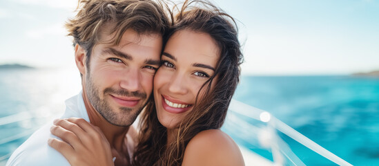 Portrait of a loving young couple on a yacht against a blue sea background, romantic travel, summer vacation, love and luxury lifestyle concept.