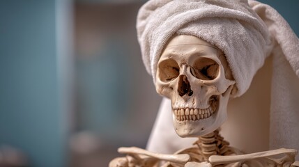 A skeletal figure with a fluffy white towel wrapped around its head, posing in front of a blurred teal background