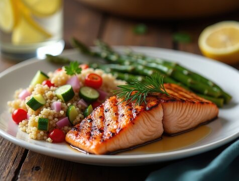 Grilled salmon with dill on couscous salad and green beans. Healthy Mediterranean meal with lemon on rustic table. Fresh seafood dinner plate with vegetables.