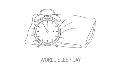 World sleep day illustration with alarm clock and pillow isolated on transparent background