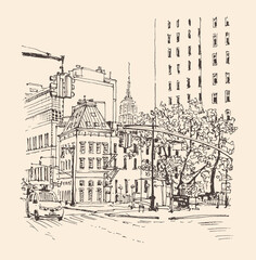 Obraz premium Architecture illustration. Travel sketch of West Village, New York, USA. Liner sketches architecture of the street and Empire State Building. Freehand drawing. Line art drawing with a pen on paper