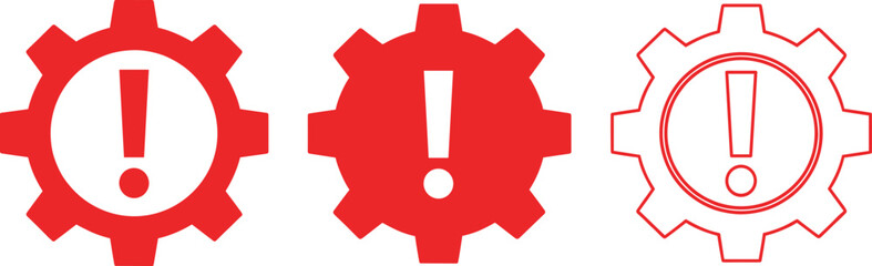 Red Gear Warning Icon Set with Exclamation Mark Solid and Outline Vector Illustration for System Alert and Settings Design