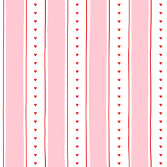 Small hearts and stripes hand drawn pattern. Cute small hearts lines and wavy stripes girly print
