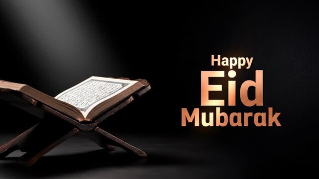 Happy Eid Mubarak Islamic Holy Book Quran on Wooden Stand.